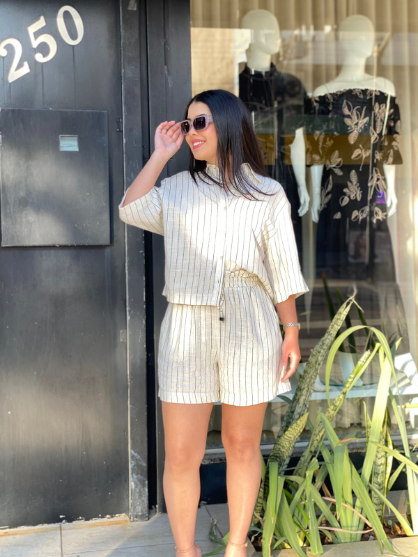 Conjunto Linho Listrado Bege